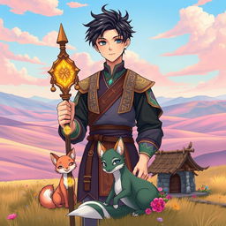 A young man standing confidently in front of a sprawling fantasy open plain, illustrated in a captivating manhwa style