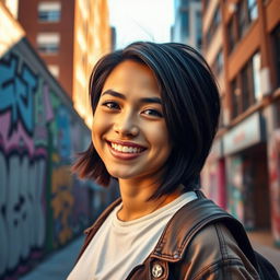 A stylish and modern profile picture featuring a confident young adult in a vibrant urban setting