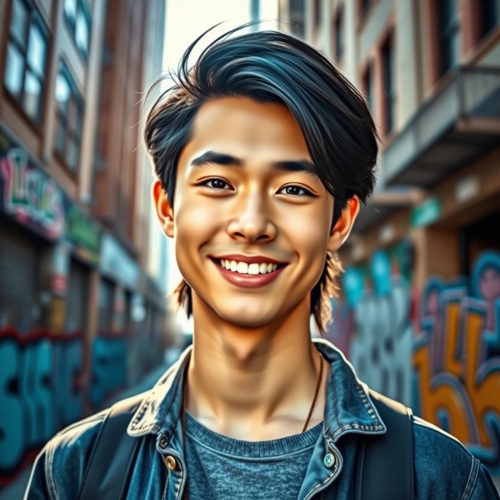 A stylish and modern profile picture featuring a confident young adult in a vibrant urban setting