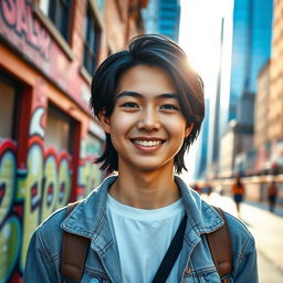 A stylish and modern profile picture featuring a confident young adult in a vibrant urban setting