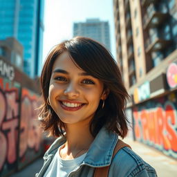 A stylish and modern profile picture featuring a confident young adult in a vibrant urban setting