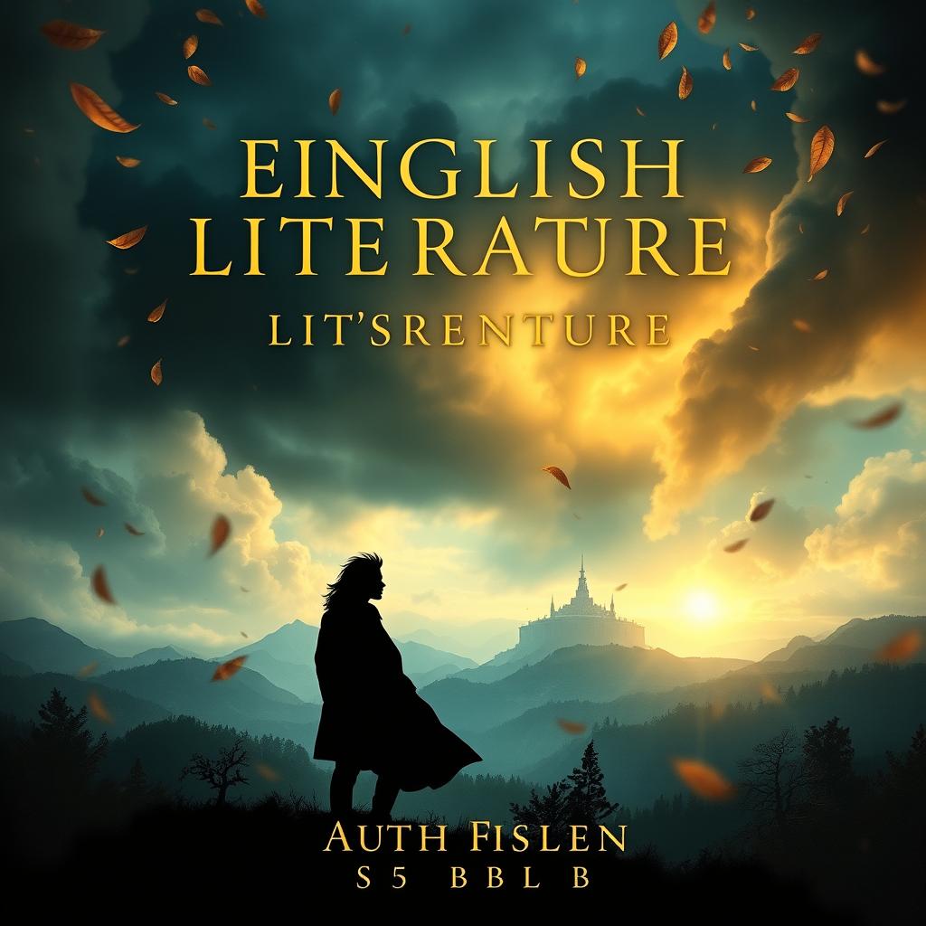 A visually striking book cover for an English literature novel, featuring an enchanting and mysterious landscape as the background