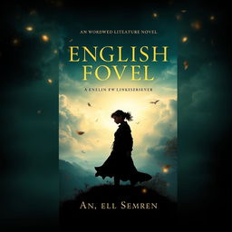 A visually striking book cover for an English literature novel, featuring an enchanting and mysterious landscape as the background