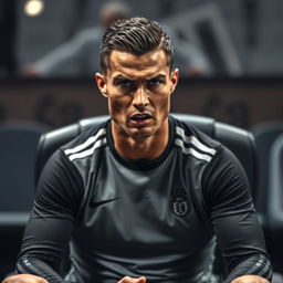 Cristiano Ronaldo sitting on a chair, expressing anger while talking directly to the camera