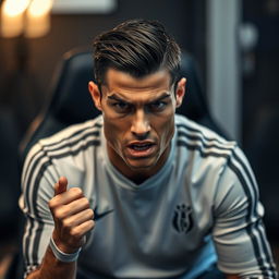 Cristiano Ronaldo sitting on a chair, expressing anger while talking directly to the camera