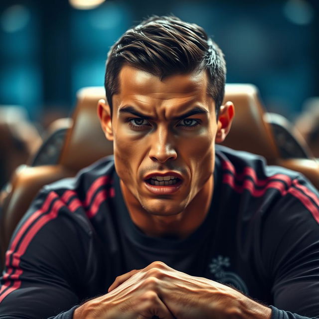 Cristiano Ronaldo sitting on a chair, expressing anger while talking directly to the camera