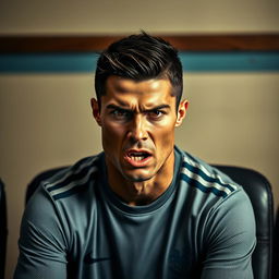 Cristiano Ronaldo sitting on a chair, expressing anger while talking directly to the camera