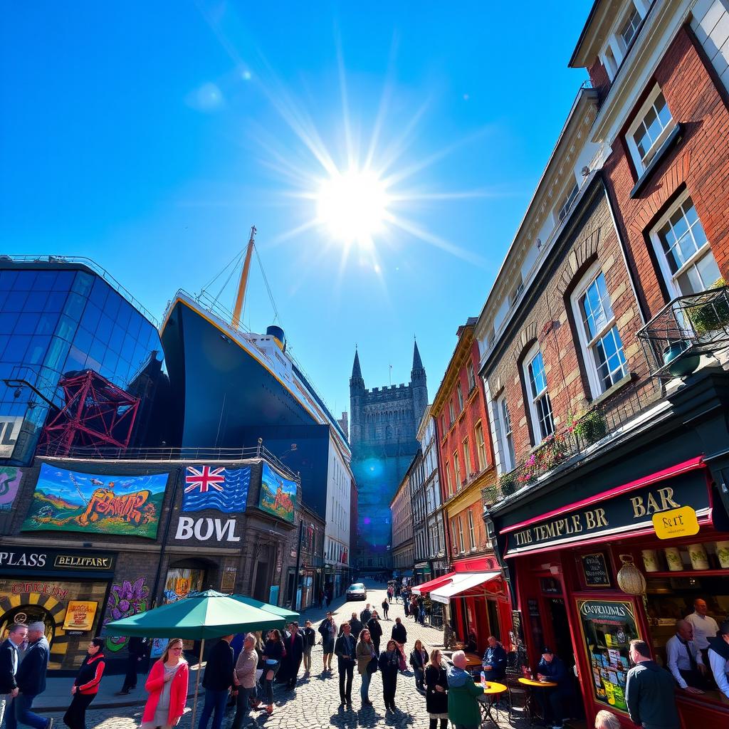 A captivating travel scene depicting both Belfast and Dublin, showcasing the unique character of each city