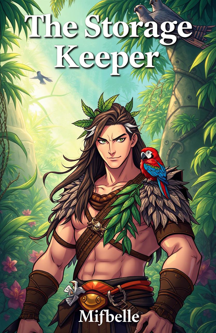 A captivating manhwa style book cover for 'The Storage Keeper' by Mifbelle, featuring a strong and handsome fantasy jungle warrior standing confidently in the foreground