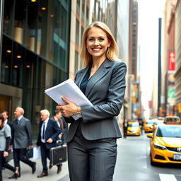A happy blond woman lawyer standing outside a modern glass building in New York City, wearing a stylish, tailored suit with a bright, confident smile