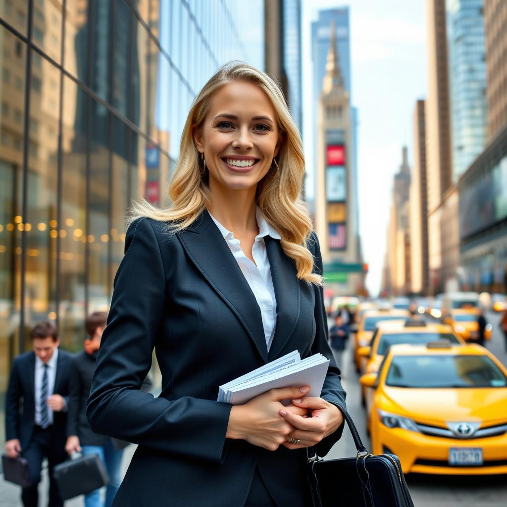 A happy blond woman lawyer standing outside a modern glass building in New York City, wearing a stylish, tailored suit with a bright, confident smile