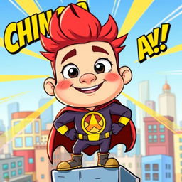 A whimsical cartoon character named Chinsoman with a uniquely exaggerated chin, wearing a colorful superhero costume that features a bold emblem on the chest