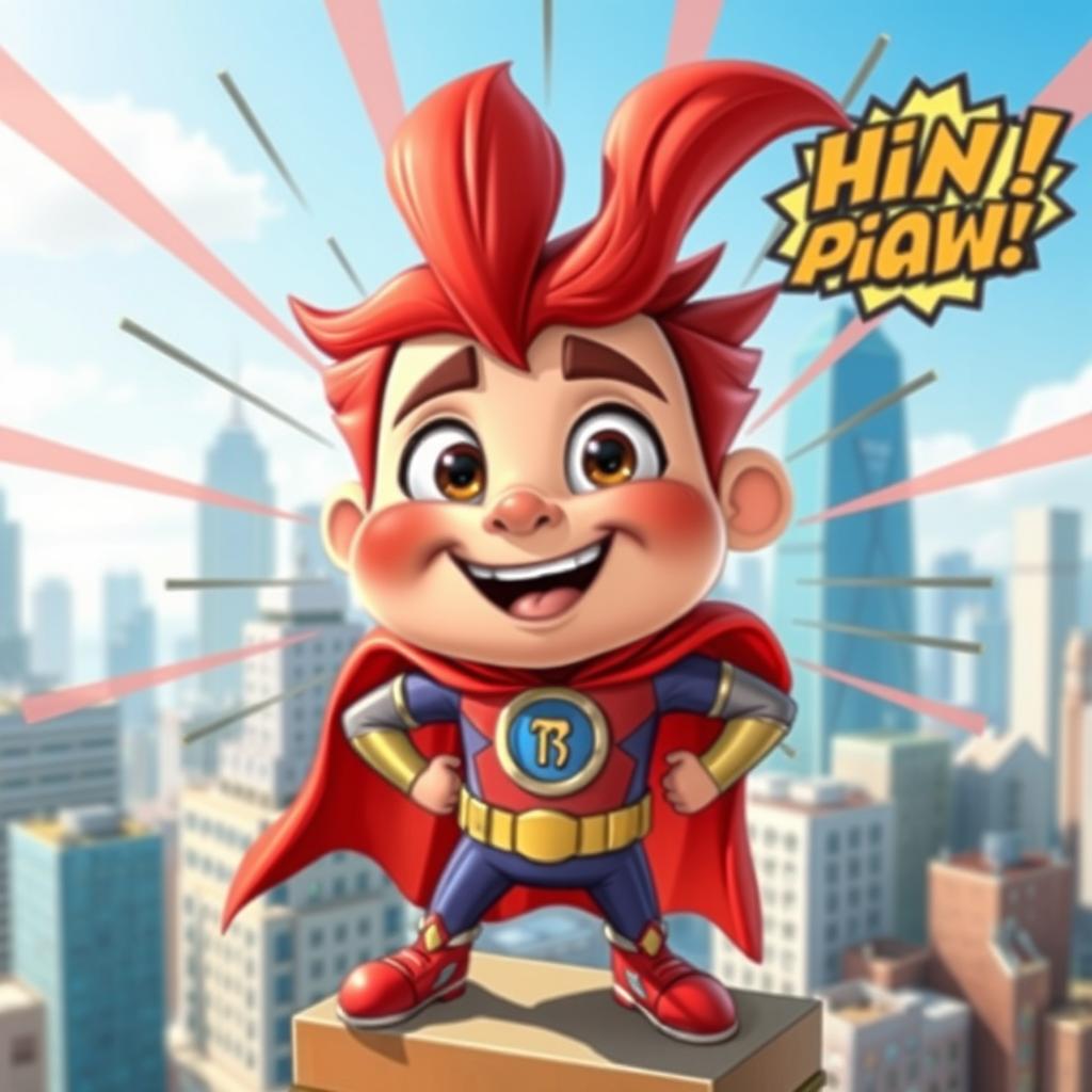 A whimsical cartoon character named Chinsoman with a uniquely exaggerated chin, wearing a colorful superhero costume that features a bold emblem on the chest