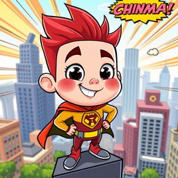 A whimsical cartoon character named Chinsoman with a uniquely exaggerated chin, wearing a colorful superhero costume that features a bold emblem on the chest