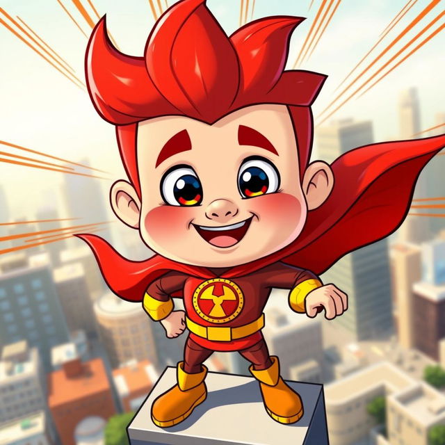A whimsical cartoon character named Chinsoman with a uniquely exaggerated chin, wearing a colorful superhero costume that features a bold emblem on the chest