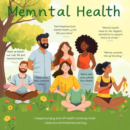 A vibrant and uplifting mental health awareness poster featuring a diverse group of people (various ages, ethnicities, and genders) enjoying supportive activities such as meditation, group discussions, and outdoor exercise