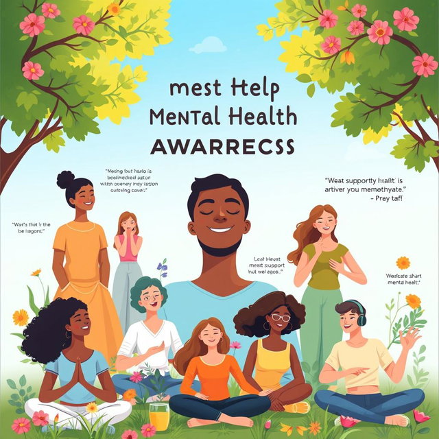 A vibrant and uplifting mental health awareness poster featuring a diverse group of people (various ages, ethnicities, and genders) enjoying supportive activities such as meditation, group discussions, and outdoor exercise