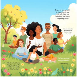 A vibrant and uplifting mental health awareness poster featuring a diverse group of people (various ages, ethnicities, and genders) enjoying supportive activities such as meditation, group discussions, and outdoor exercise
