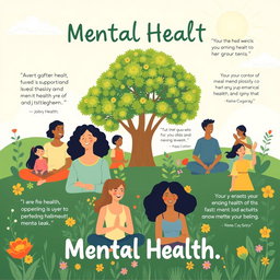 A vibrant and uplifting mental health awareness poster featuring a diverse group of people (various ages, ethnicities, and genders) enjoying supportive activities such as meditation, group discussions, and outdoor exercise