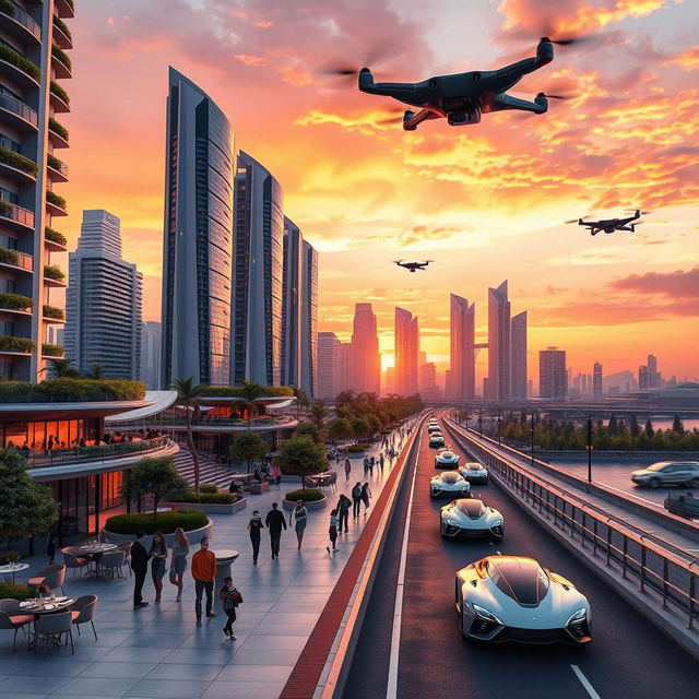 A beautifully designed futuristic cityscape at sunset, featuring sleek skyscrapers with vibrant lighting and greenery on balconies