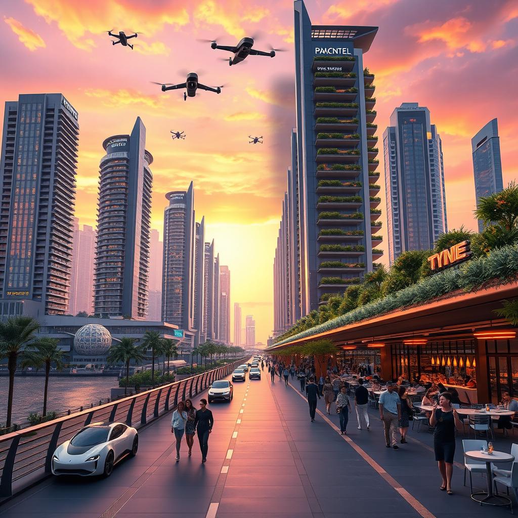 A beautifully designed futuristic cityscape at sunset, featuring sleek skyscrapers with vibrant lighting and greenery on balconies