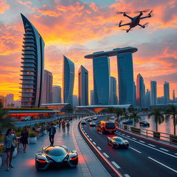 A beautifully designed futuristic cityscape at sunset, featuring sleek skyscrapers with vibrant lighting and greenery on balconies
