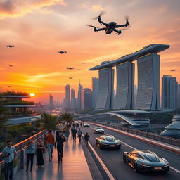 A beautifully designed futuristic cityscape at sunset, featuring sleek skyscrapers with vibrant lighting and greenery on balconies