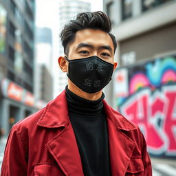 A stylish individual wearing a black Korean mask, set against a modern urban backdrop
