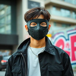 A stylish individual wearing a black Korean mask, set against a modern urban backdrop