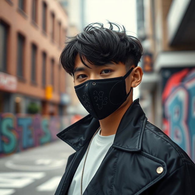 A stylish individual wearing a black Korean mask, set against a modern urban backdrop