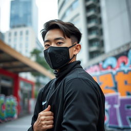 A stylish individual wearing a black Korean mask, set against a modern urban backdrop