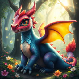 An imaginative depiction of a mythical creature known as a "Defofil," characterized as a fusion between a dragon and a gentle giant, featuring vibrant scales that shimmer in various colors