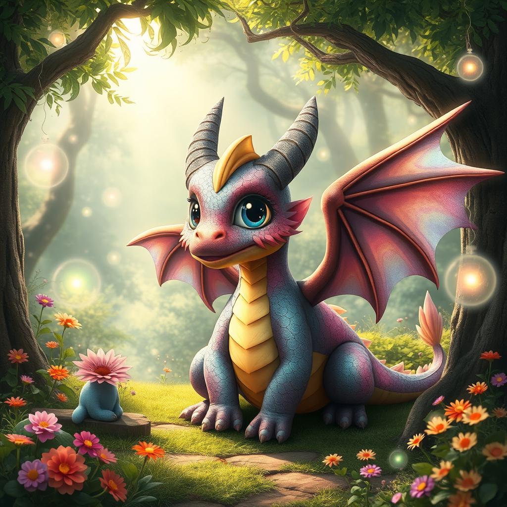 An imaginative depiction of a mythical creature known as a "Defofil," characterized as a fusion between a dragon and a gentle giant, featuring vibrant scales that shimmer in various colors