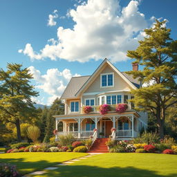 A stunning depiction of a beautiful house set in an idyllic landscape