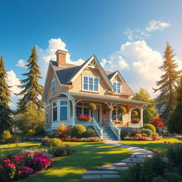 A stunning depiction of a beautiful house set in an idyllic landscape