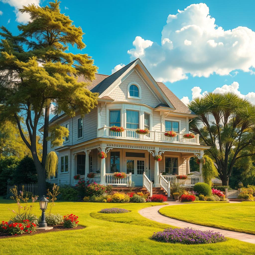 A stunning depiction of a beautiful house set in an idyllic landscape
