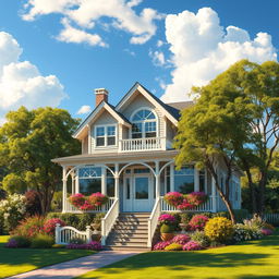 A stunning depiction of a beautiful house set in an idyllic landscape
