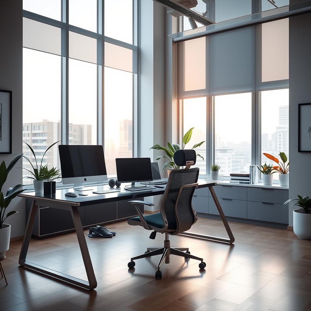 A sophisticated office environment, featuring a sleek, modern desk with a high-end computer setup, large windows letting in warm, natural light, and elegant decorations such as plants and artwork