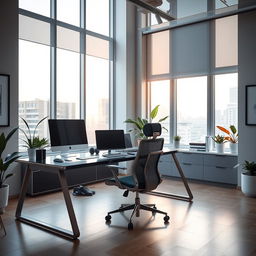 A sophisticated office environment, featuring a sleek, modern desk with a high-end computer setup, large windows letting in warm, natural light, and elegant decorations such as plants and artwork