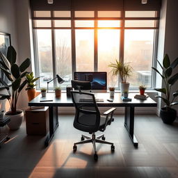 A sophisticated office environment, featuring a sleek, modern desk with a high-end computer setup, large windows letting in warm, natural light, and elegant decorations such as plants and artwork