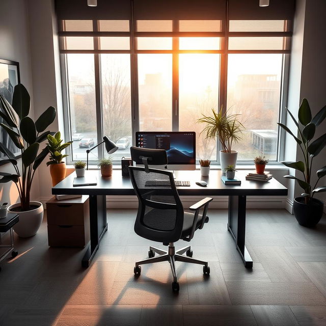 A sophisticated office environment, featuring a sleek, modern desk with a high-end computer setup, large windows letting in warm, natural light, and elegant decorations such as plants and artwork