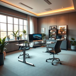 A sophisticated office environment, featuring a sleek, modern desk with a high-end computer setup, large windows letting in warm, natural light, and elegant decorations such as plants and artwork