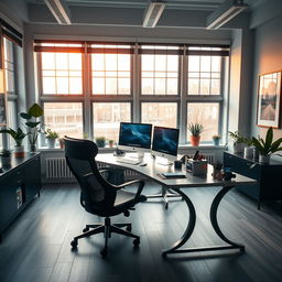 A sophisticated office environment, featuring a sleek, modern desk with a high-end computer setup, large windows letting in warm, natural light, and elegant decorations such as plants and artwork
