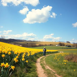 A picturesque spring landscape featuring fields of blooming daffodils (often mistakenly called defodills), with vibrant yellow flowers swaying gently in the breeze