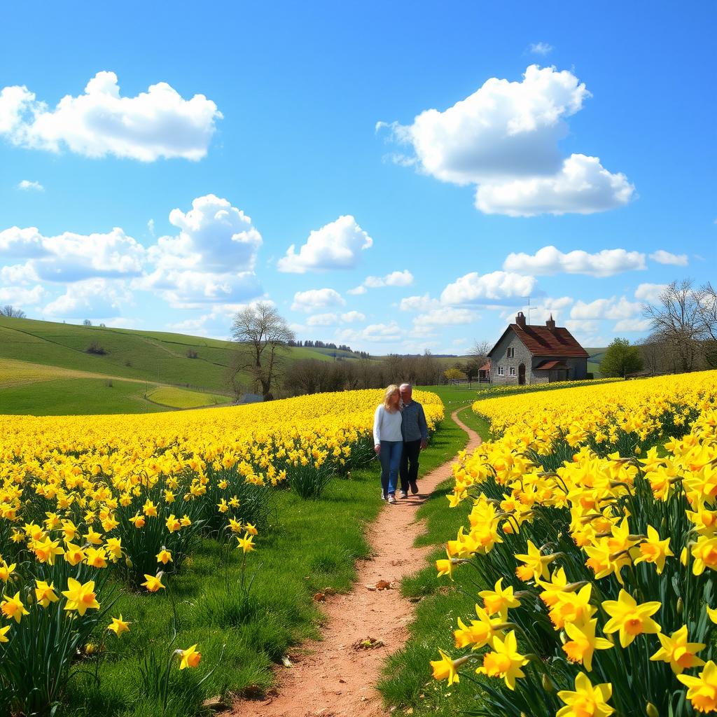 A picturesque spring landscape featuring fields of blooming daffodils (often mistakenly called defodills), with vibrant yellow flowers swaying gently in the breeze