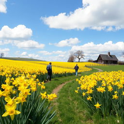 A picturesque spring landscape featuring fields of blooming daffodils (often mistakenly called defodills), with vibrant yellow flowers swaying gently in the breeze