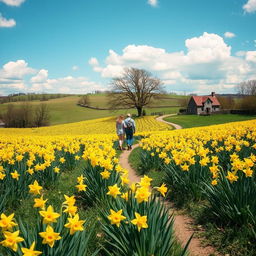 A picturesque spring landscape featuring fields of blooming daffodils (often mistakenly called defodills), with vibrant yellow flowers swaying gently in the breeze