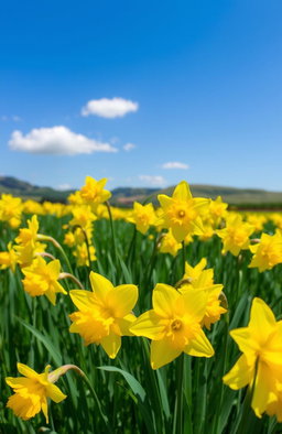 A vibrant field of blooming daffodils with bright yellow flowers swaying gently in the breeze