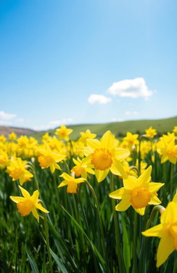 A vibrant field of blooming daffodils with bright yellow flowers swaying gently in the breeze