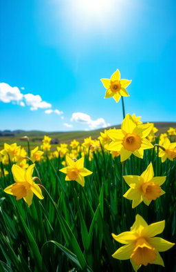 A vibrant field of blooming daffodils with bright yellow flowers swaying gently in the breeze
